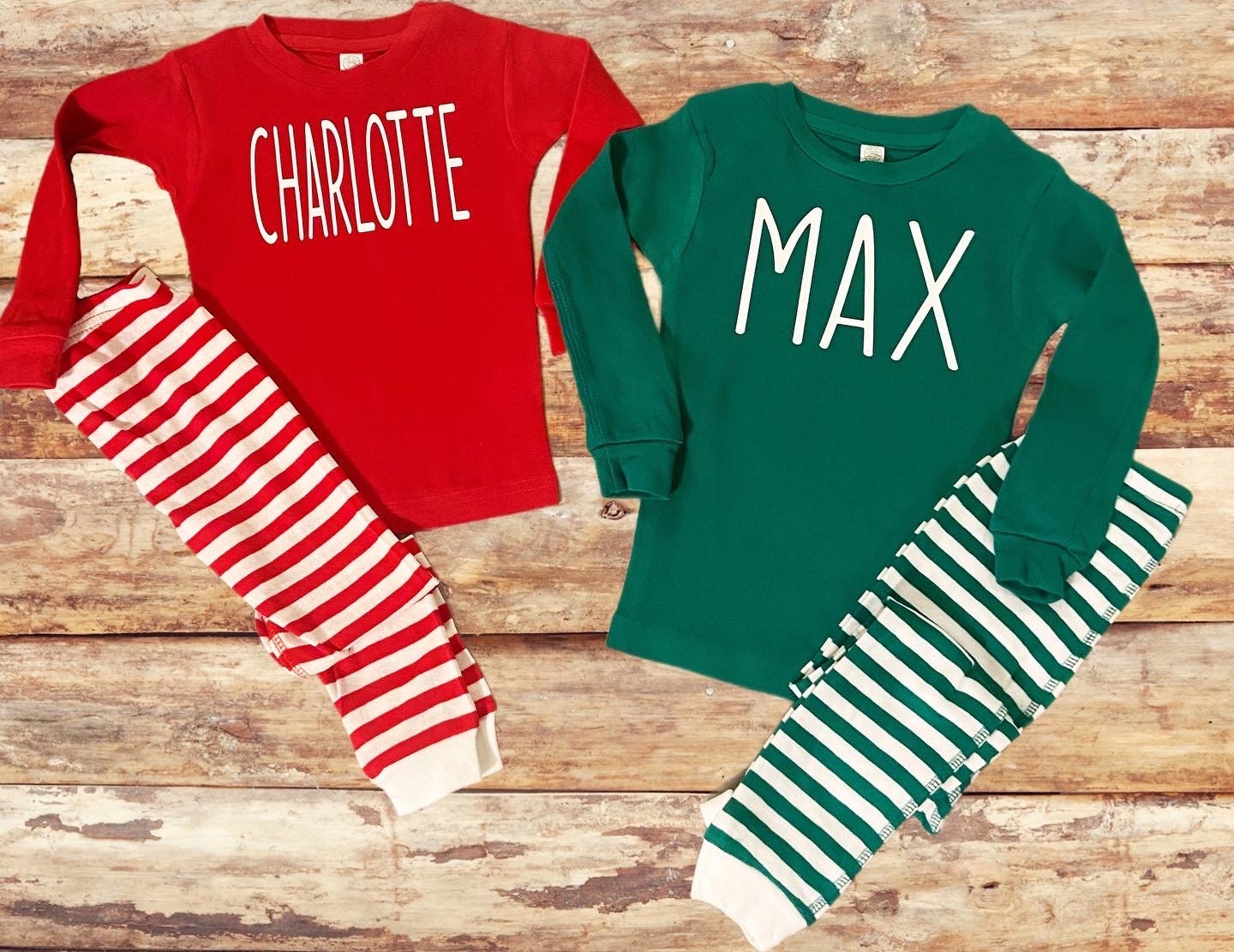 Personalized Christmas Matching Pajamas for kids, family, baby/toddler/big kid - Custom striped PJs