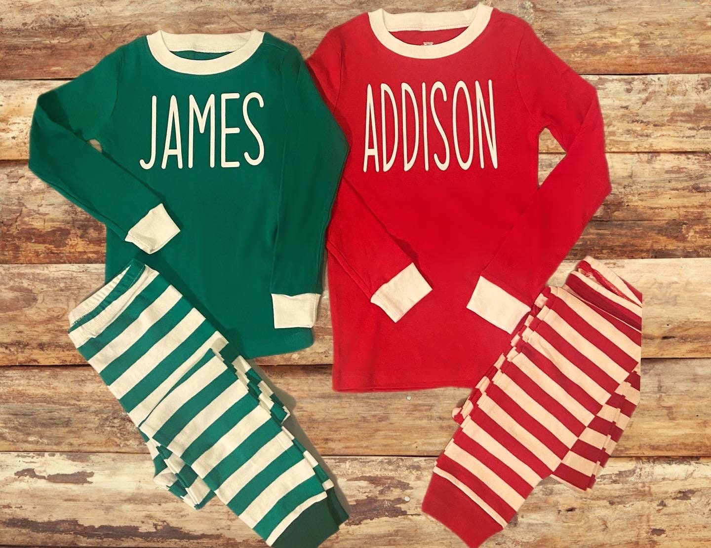 Personalized Christmas Matching Pajamas for kids, family, baby/toddler/big kid - Custom striped PJs