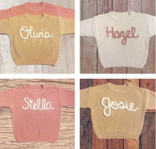 Custom Personalized Baby or Toddler Name Chunky Hand Embroidered Knit Sweater